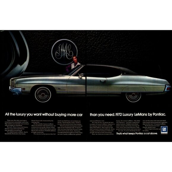 1972 Pontiac Luxury LeMans 2 Door 2 Page Vintage Print Ad Man Cave Wall Art - Picture 1 of 3